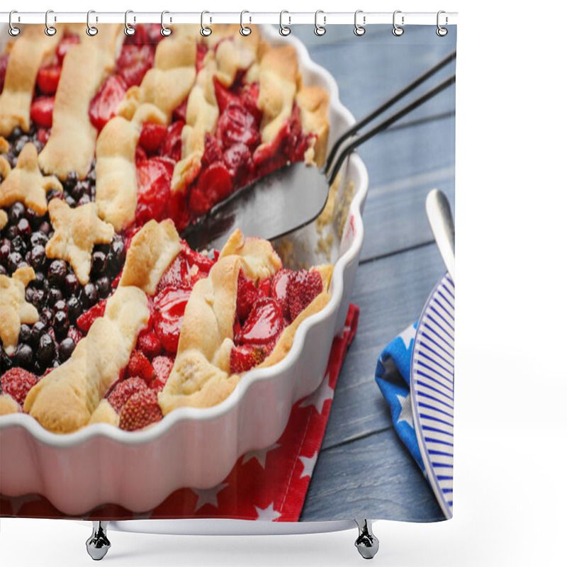 Personality  Tasty American Flag Pie On Table, Closeup Shower Curtains