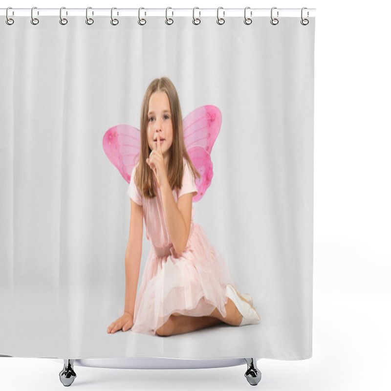 Personality  Cute Little Girl In Fairy Costume With Pink Wings On Light Background Shower Curtains