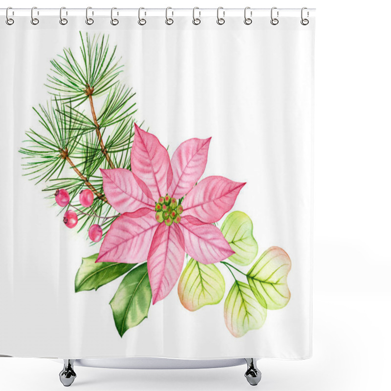 Personality  Watercolor Christmas Composition. Transparent Poinsettia Flowers, Eucalyptus Leaves, Pine Tree Branches. Hand Painted Illustration For Winter Holiday Season, Greeting Cards, Banners, Calendars Shower Curtains