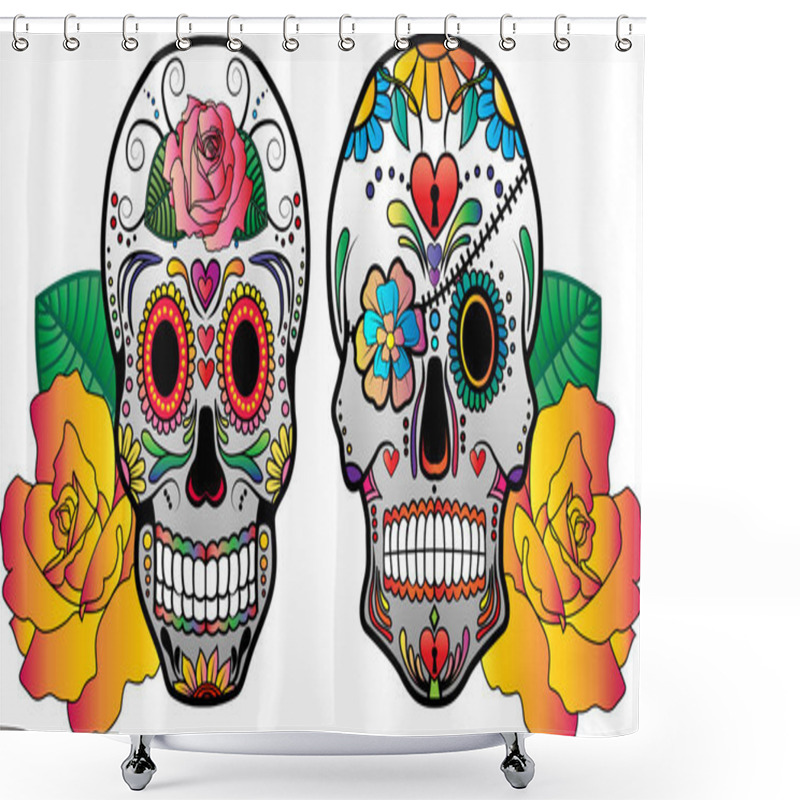 Personality  Sugar Skulls With Roses Vector Shower Curtains