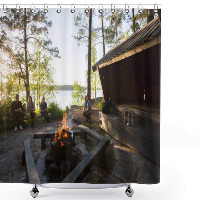 Personality  Wood Burning Firepit With Friends Relaxing In Forest Shower Curtains