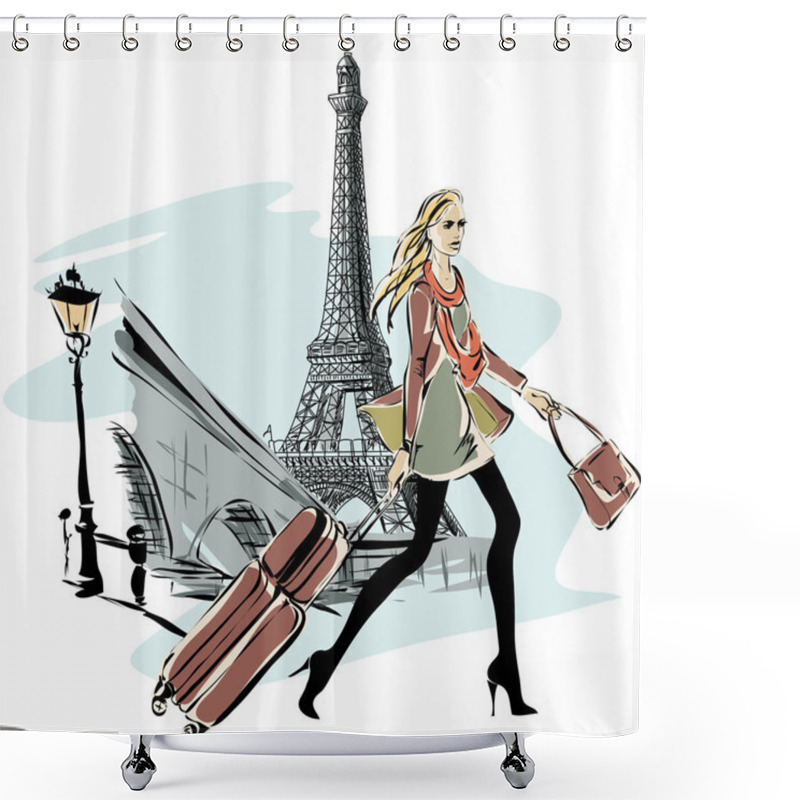 Personality  Fashion Models With Luggage In Sketch Style And Paris City Background Shower Curtains