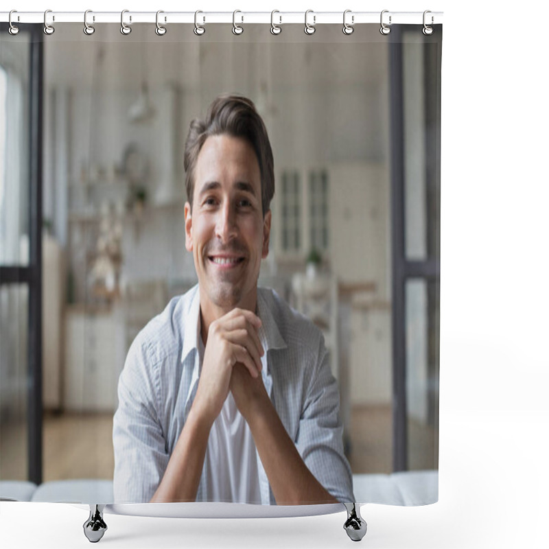 Personality  Guy Looking At The Camera Online Meeting With Friends Chat, Call Application. Shower Curtains