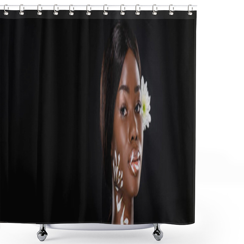 Personality  African American Woman With White Chrysanthemum In Hair And Petals On Neck And Lips Isolated On Black, Panoramic Shot Shower Curtains