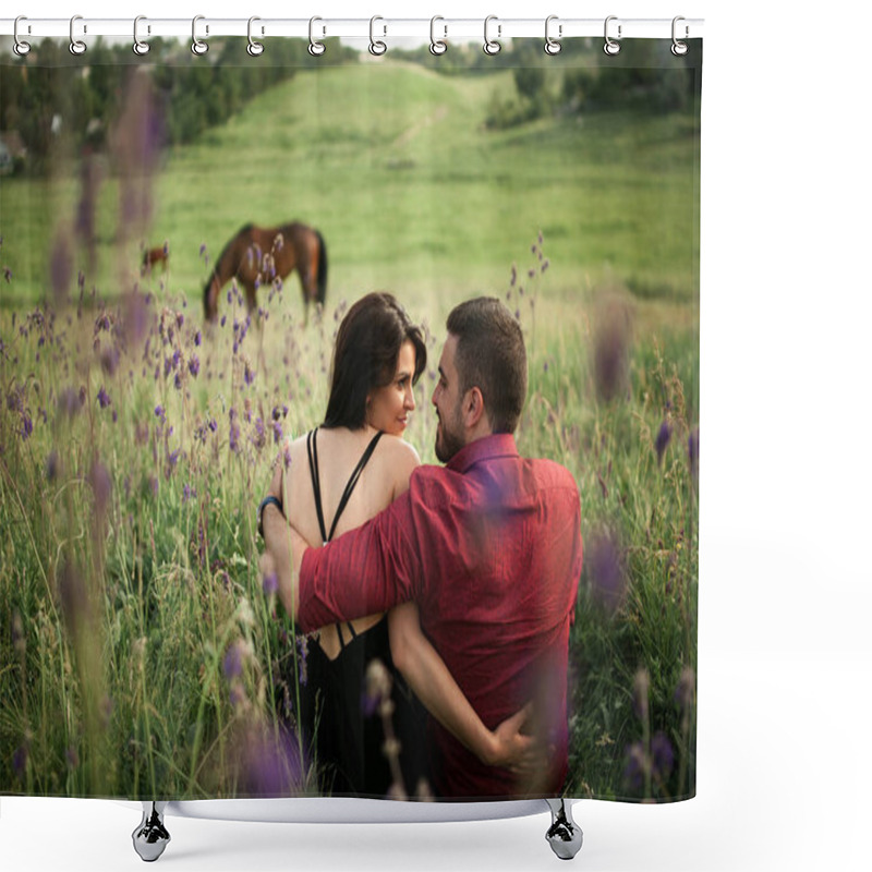 Personality  A Young Couple Is Resting In A Meadow Against The Background Of  Shower Curtains