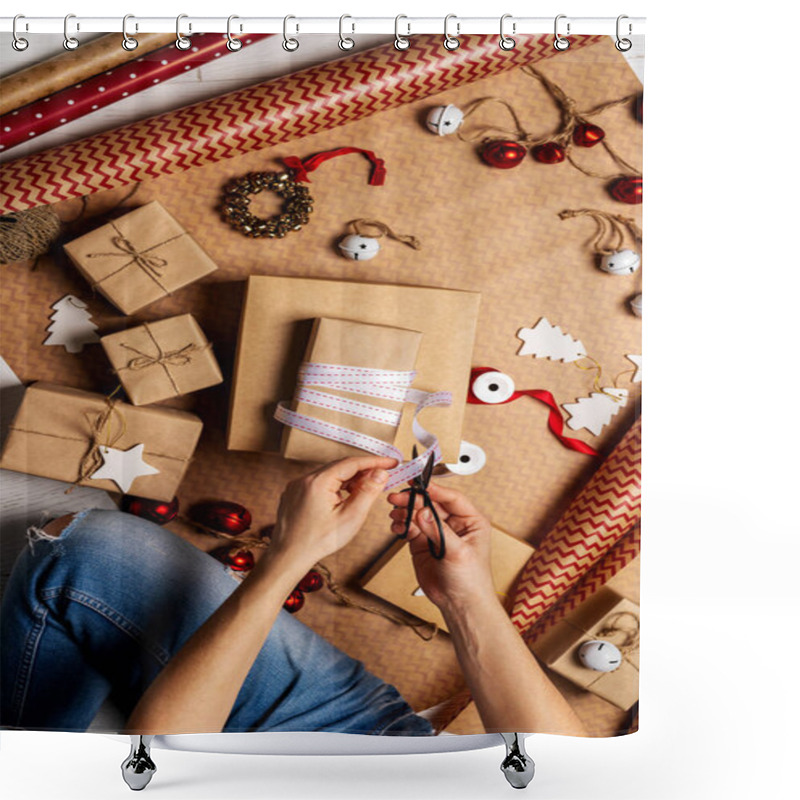 Personality  Top View Of Woman Wrapping Gift Box With Packing Tape, Rope, Paper Rolls And Decorations Props On Wrapping Paper Shower Curtains