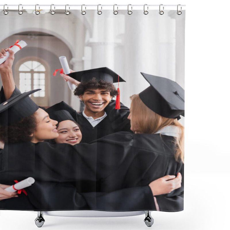 Personality  Cheerful Multiethnic Students With Diplomas Embracing In University  Shower Curtains