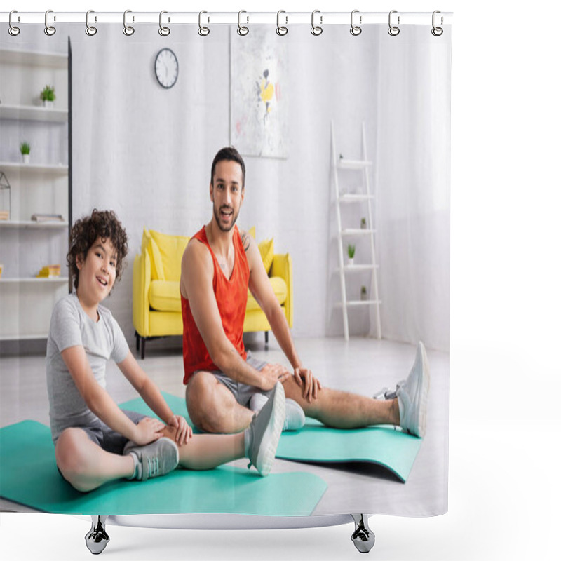 Personality  Smiling Muslim Son And Father Looking At Camera While Training On Fitness Mats  Shower Curtains