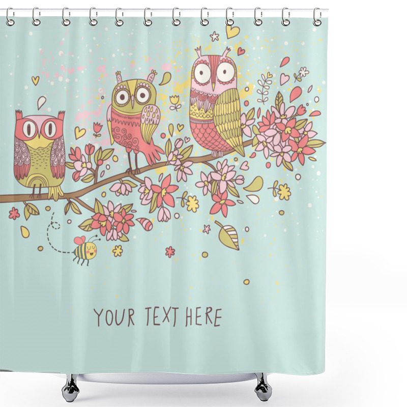 Personality  Cute Owls On Branch In Flowers. Spring Concept Background. Bright Illustration, Can Be Used As Invitation Card. Vector Summer Wallpaper Shower Curtains