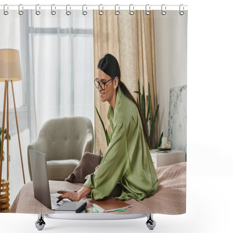 Personality  Woman In Casual Attire Working On Laptop In Bed. Shower Curtains