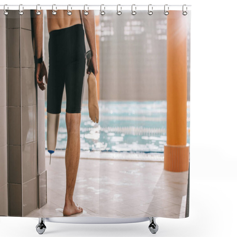 Personality  Cropped Shot Of Athletic Swimmer Standing At Poolside Of Indoor Swimming Pool And Holding His Artificial Leg Shower Curtains