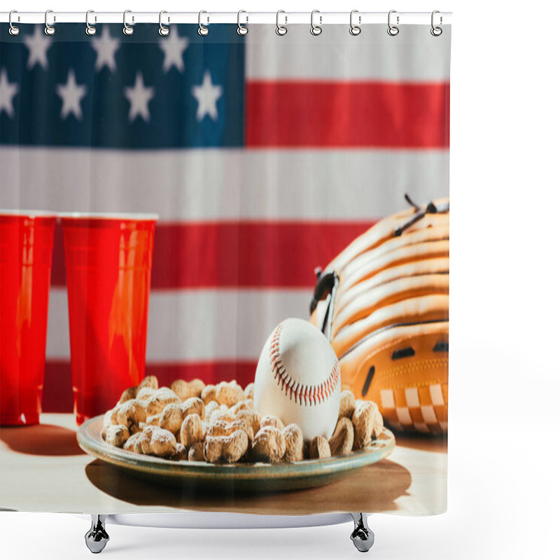 Personality  Close-up View Of Baseball Ball On Plate With Peanuts, Red Plastic Cups And Baseball Glove On Table With Us Flag Behind Shower Curtains