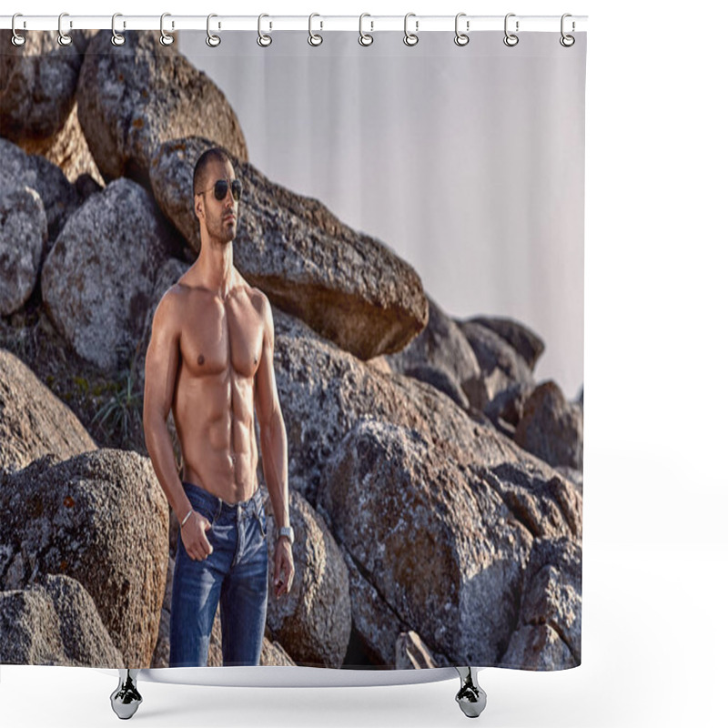 Personality  Muscular Man With Sunglasses Close To The Reef Shower Curtains