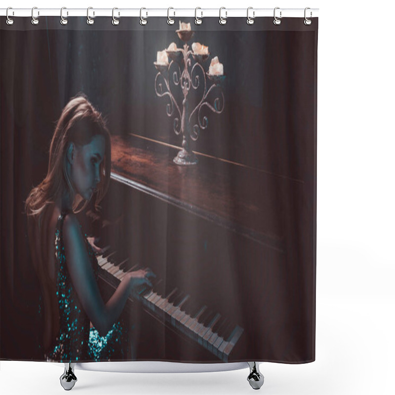 Personality  Beautiful Woman With Fancy Elegant Dress Posing In The Piano Roo Shower Curtains