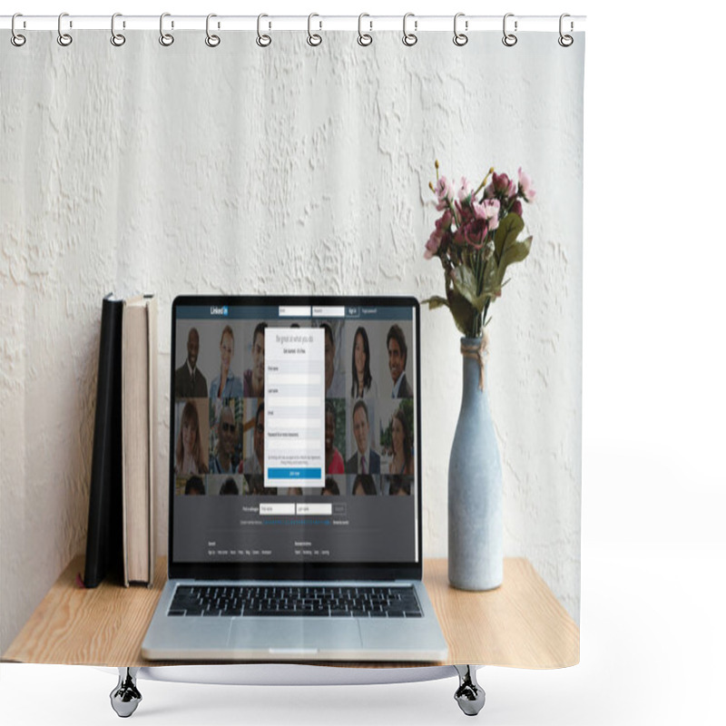 Personality  Laptop With Linkedin Website On Screen, Books And Flowers In Vase On Wooden Table Shower Curtains