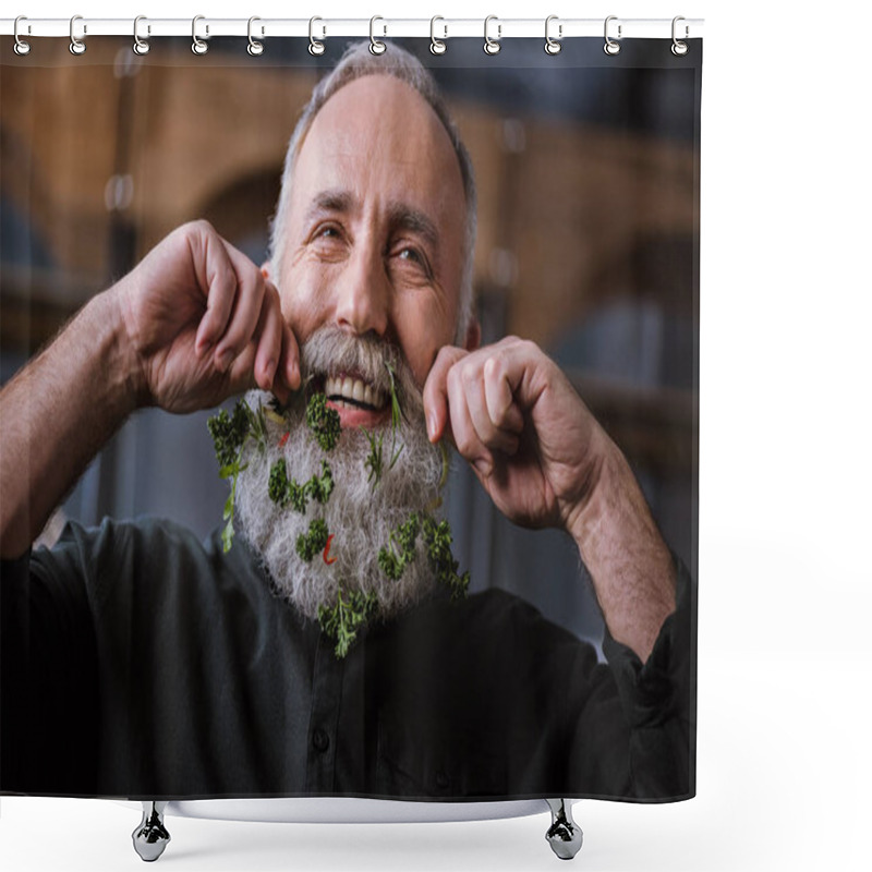 Personality  Senior Man With Greens In Beard Shower Curtains