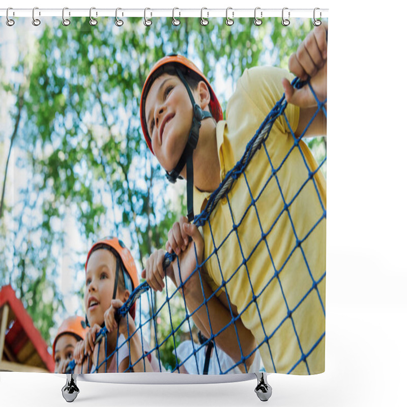 Personality  Low Angle View Of Smiling Kids In Orange Helmets Happy Boy In Adventure Park  Shower Curtains