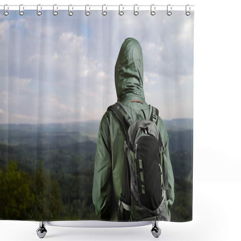 Personality  Hiker Man Enjoying View At Nature With Backpack. Shower Curtains