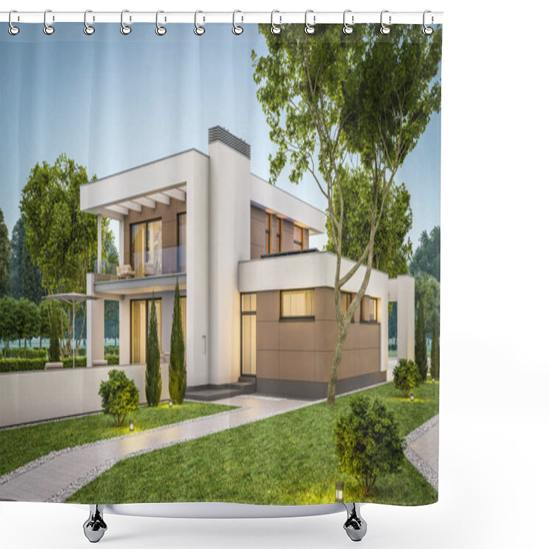 Personality  3d Rendering Of Modern House At Evening Shower Curtains