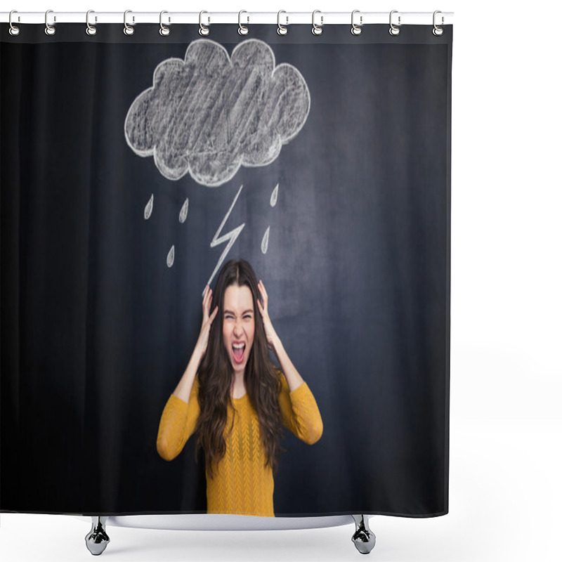 Personality  Angry Young Woman Screaming Over Blackboard Behind Her Shower Curtains