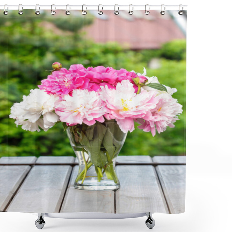 Personality  Lush Bouquet Of Peonies In The Vase On Rustic Wooden Table Shower Curtains