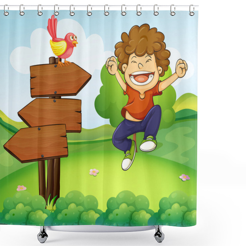 Personality  A Happy Young Boy Beside The Three Wooden Arrows Shower Curtains