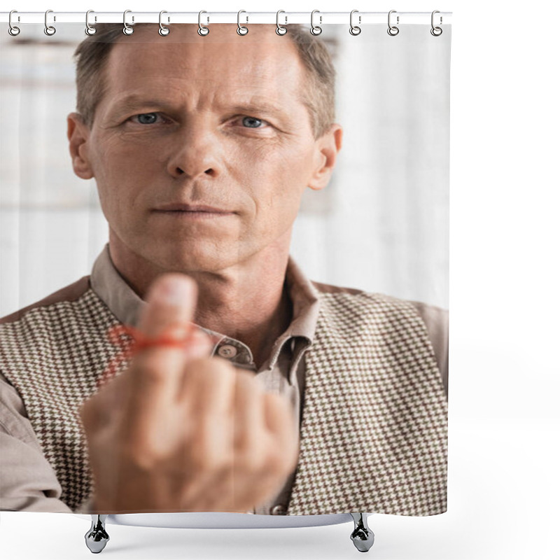 Personality  Selective Focus Of Retired Man With Alzheimers Disease String Human Finger Reminder Shower Curtains