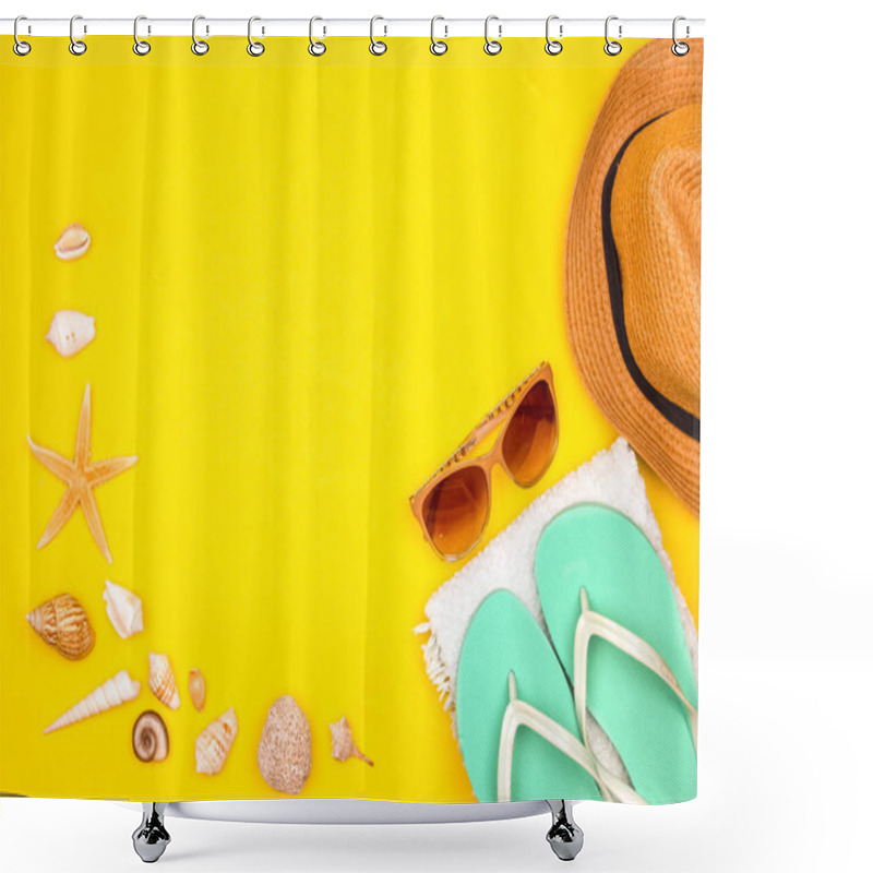 Personality  Sea Shells And Starfish On Yellow Background. Swim Towel, Sun Glasses, Beach Shoes And Straw Hat. Summer Mood Mockup Shower Curtains