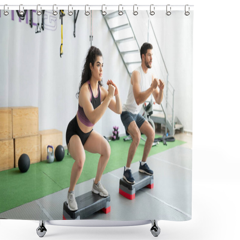 Personality  Determined Latin Young Couple Doing Squats On Step Platforms During Cross-training Shower Curtains