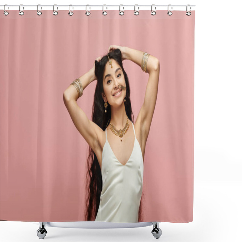 Personality  Young Indian Woman Poses Elegantly In White Dress Against Pink Backdrop. Shower Curtains