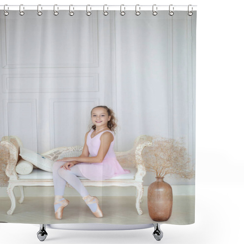 Personality  A Cute Little Ballerina In A Pink Ballet Costume And Pointe Sits On The Sofa. Ballerina In The Dance Class. The Girl Is Studying Ballet. Ballerina Dancing In A White Studio. Classical Dance, Ballet Shower Curtains