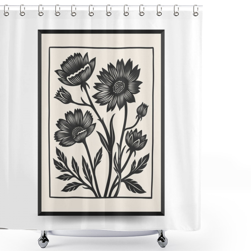 Personality  Abstract Linocut Floral Posters Template. Modern Trendy Minimal Style. Black And White Colors. Botanical Blockprint. Hand Drawn Design For Wallpaper, Wall Decor, Print, Postcard, Cover, Template.  Shower Curtains