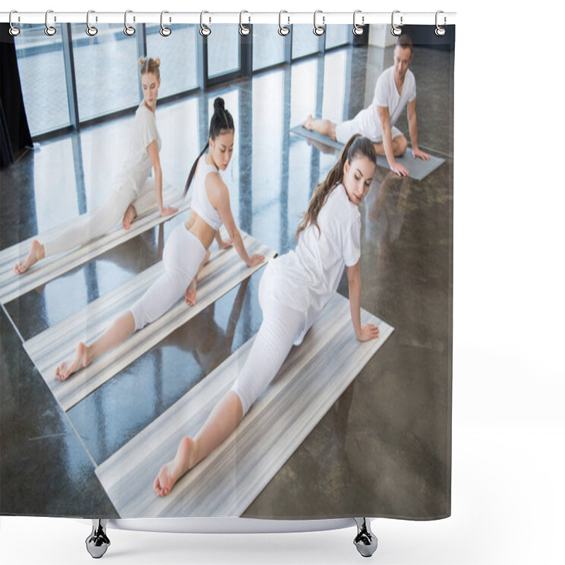 Personality  Girls Doing Yoga Pose With Instructor Shower Curtains