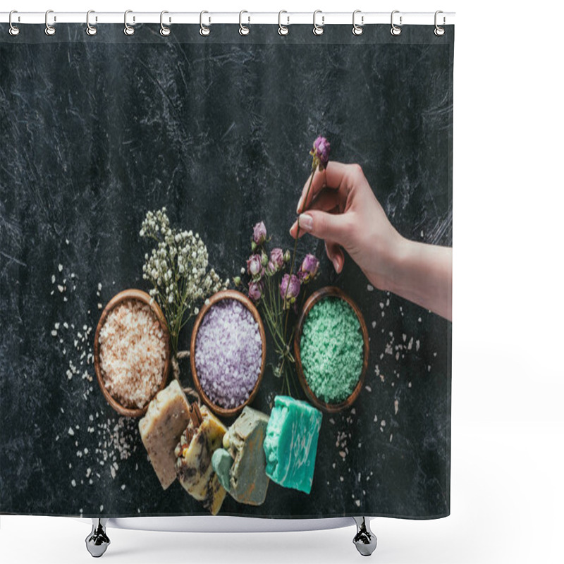 Personality  Cropped View Of Female Hand With Natural Homemade Soap, Dried Flowers And Sea Salt For Spa On Black Marble Surface Shower Curtains