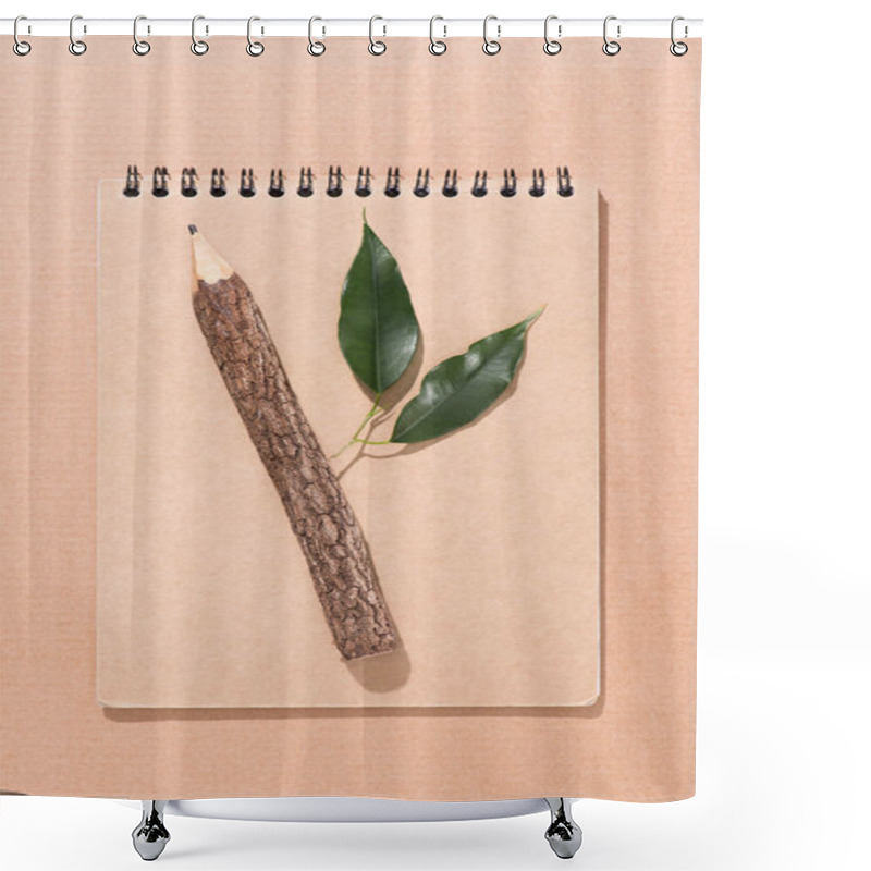 Personality  Top View Of Wooden Pencil With Green Leaves On Blank Notebook On Beige Shower Curtains