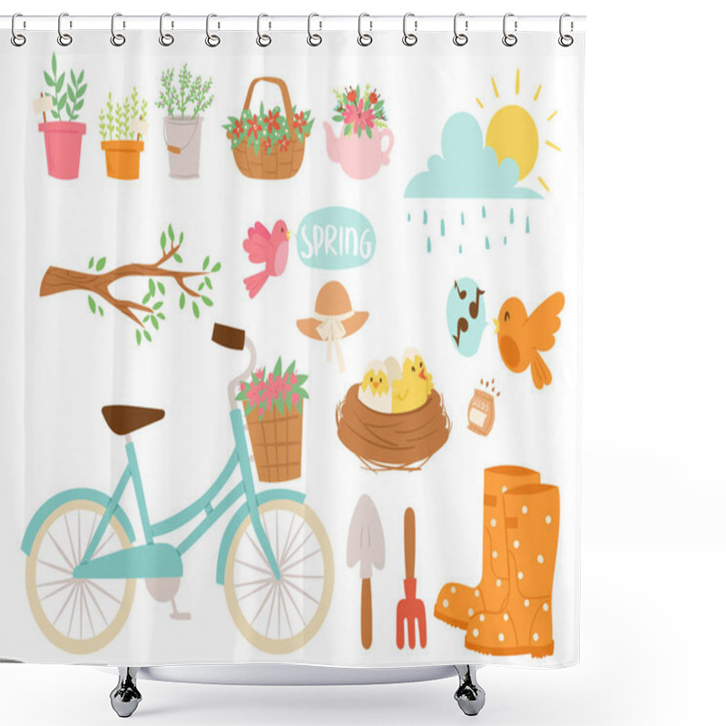 Personality  Spring Natural Floral Blossom Gardening Tools Beauty Design And Nature Grass Season Branch Springtime Hand Drawn Elements Vector Illustration. Shower Curtains