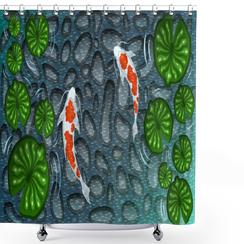 Personality  Two White With Red Spots Koi Fishes Among Green Lotus Leaves Shower Curtains