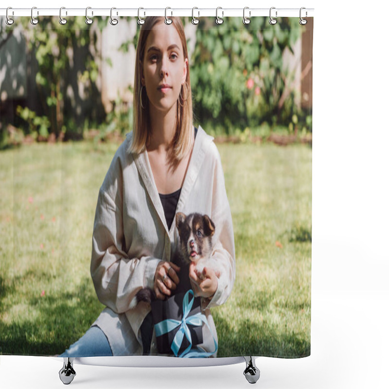 Personality  Blonde Girl Holding Welsh Corgi Puppy In Gift Box With Blue Ribbon While Sitting On Green Lawn Shower Curtains