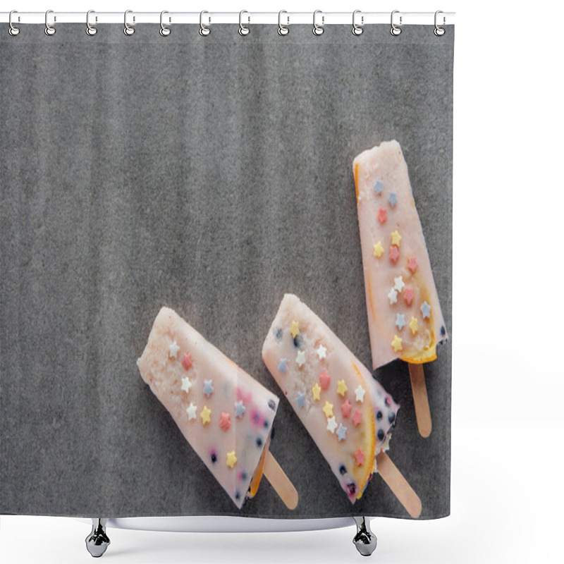 Personality  Top View Of Sweet Tasty Popsicles On Sticks On Grey Background   Shower Curtains