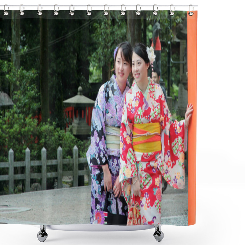 Personality  Two Women's Kimonos Post And Smile For Photo Within Shrine. Shower Curtains