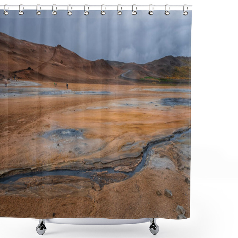 Personality  Hverir Geothermal Area In North Iceland. Dy Geysers And Sulfur Field. Orange Mountains Iceland. Shower Curtains