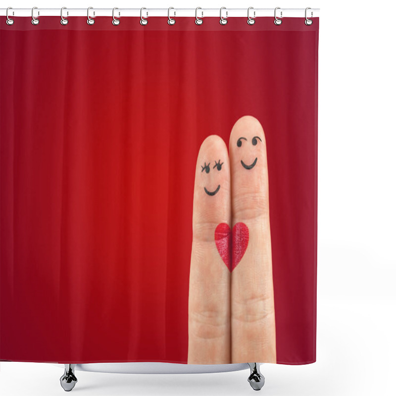 Personality  A Happy Couple In Love With Painted Smiley And Hugging Shower Curtains