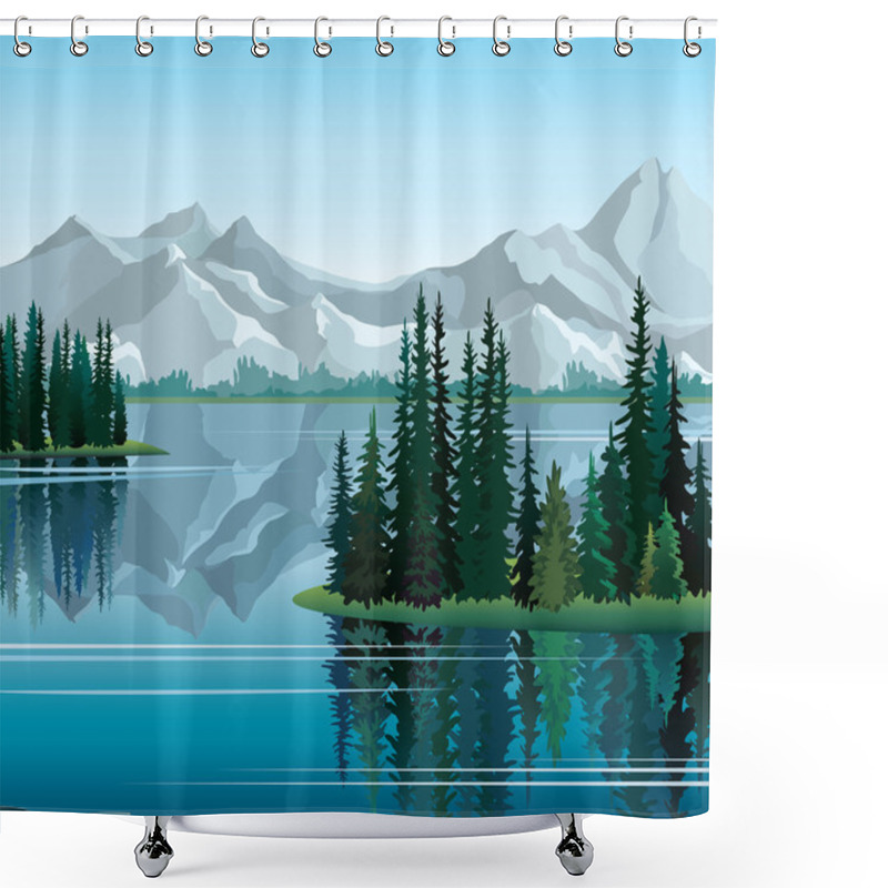 Personality  Pine Trees Reflected In Water With Mountains Shower Curtains