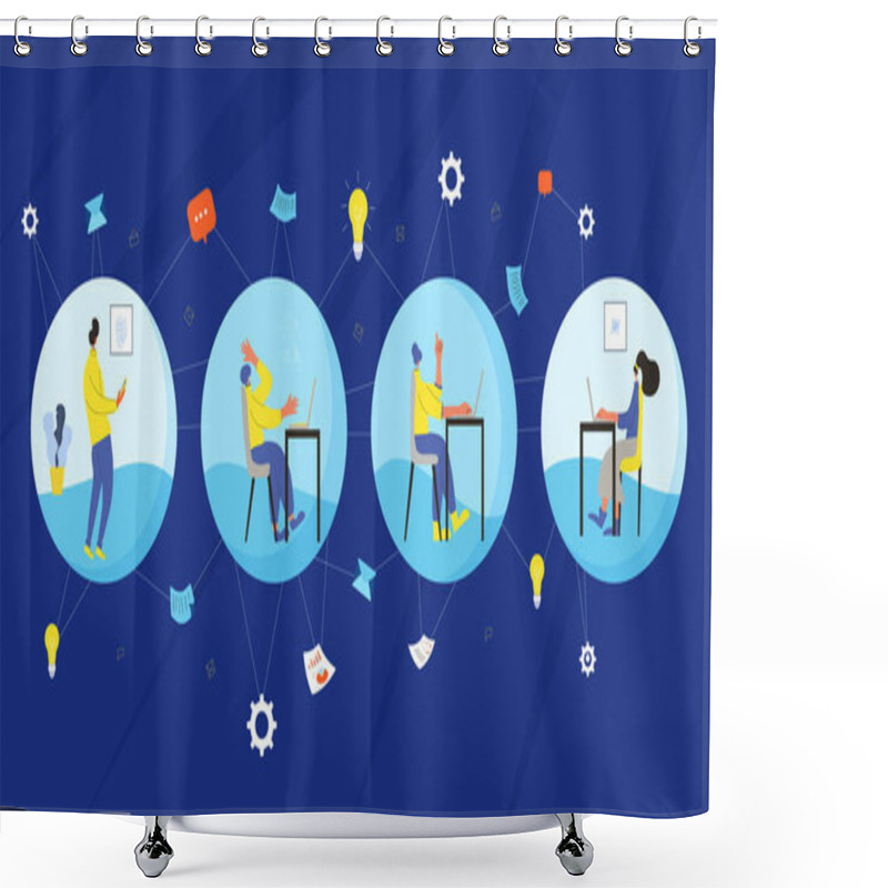 Personality  Teamwork Online. Characters Working From Home On Computer. Persons Using Laptopand Phone For Distance Brainstorming, Solving Job Tasks. Vector Flat Color Illustration. Shower Curtains