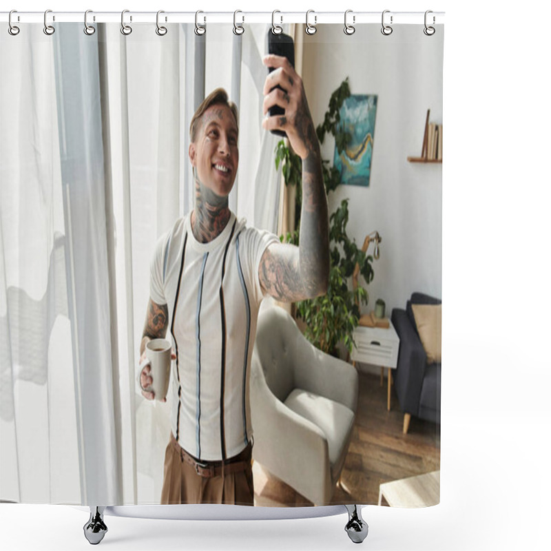 Personality  Handsome Young Man With Tattoos Smiles While Taking A Selfie And Holding A Cup Of Coffee. Shower Curtains