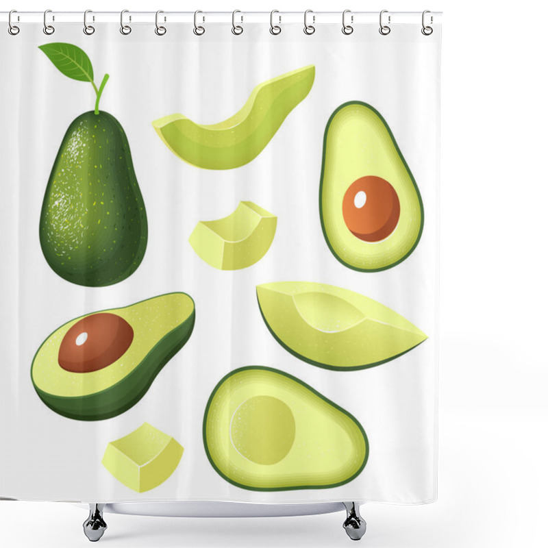 Personality  Set Of Fresh Whole, Half, Cut Slice Avocado Isolated On White Background. Organic Fruit. . Shower Curtains