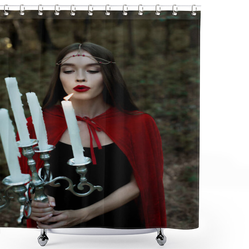 Personality  Beautiful Mystic Girl In Red Cloak And Wreath Blowing Candles  Shower Curtains