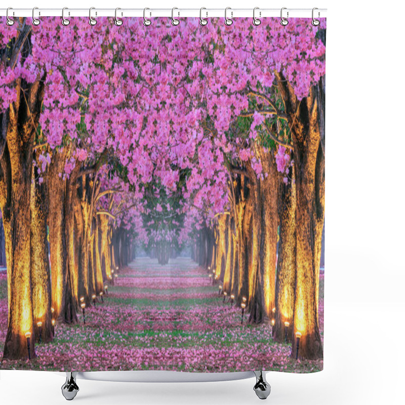 Personality  Rows Of Beautiful Pink Flowers Trees. Shower Curtains