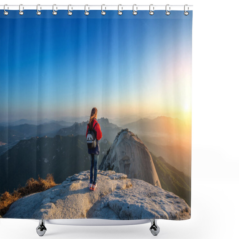 Personality  Woman Stands On The Peak Of Stone In Bukhansan National Park,Seo Shower Curtains