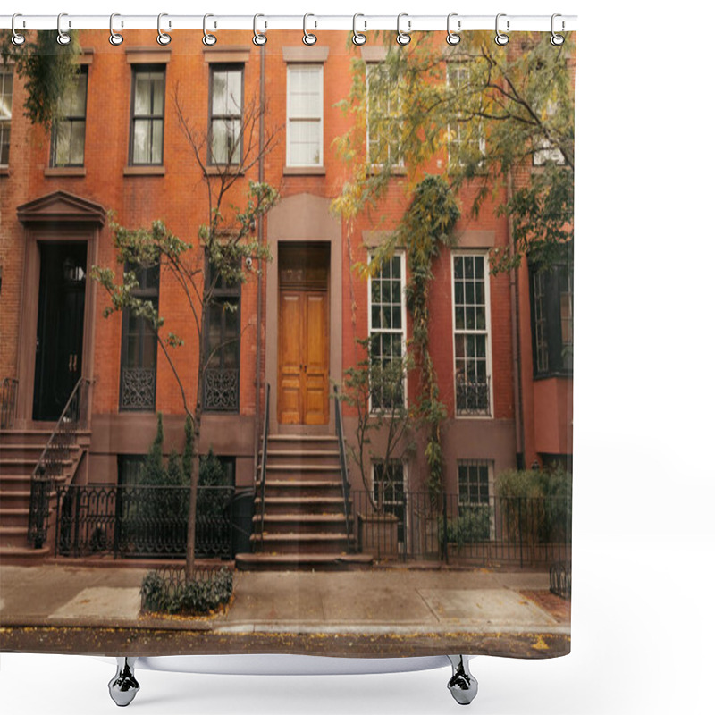 Personality  Facade Of Building With Steps And Doors On Urban Street In Brooklyn Heights In New York City Shower Curtains